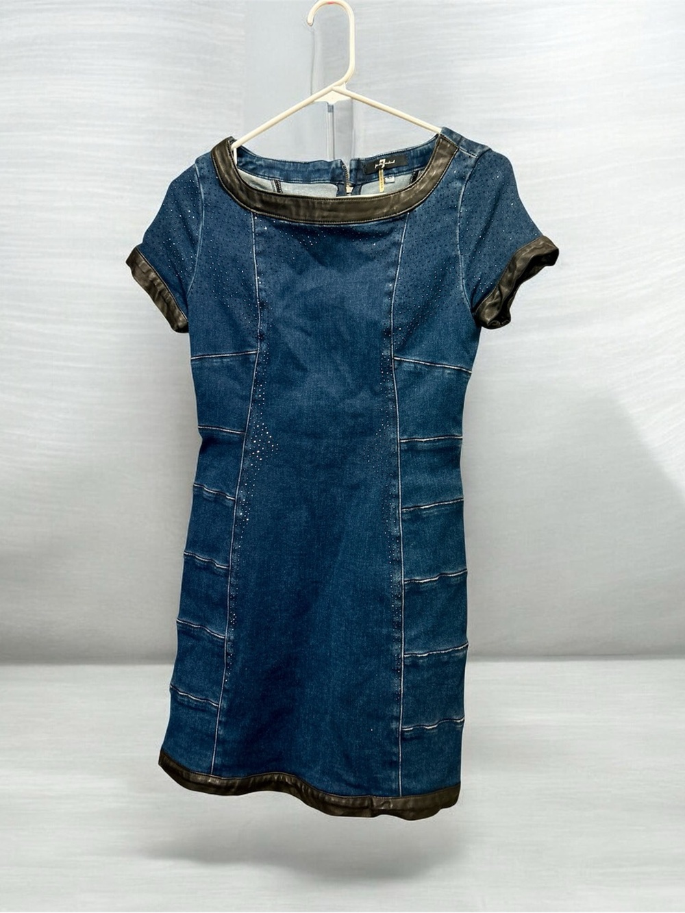 7 For All Mankind Denim Mini Dress Leather Trim Rhinestone Embellished Size XS